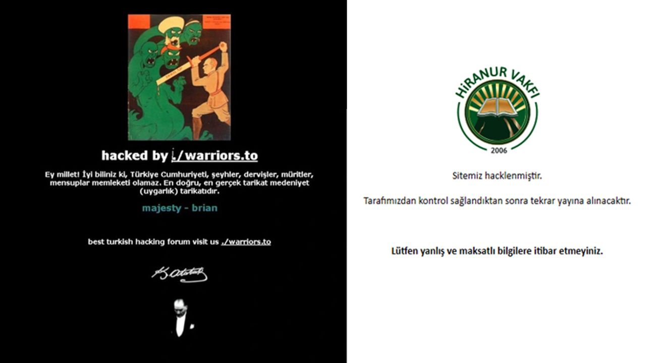 Hiranur Vakfı'nın sitesi Atatürk'ün sözleriyle hacklendi