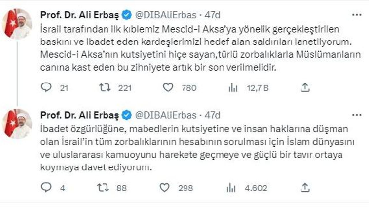 Ali Erbaş: Mescid-i Aksa'ya gerçekleştirilen baskını lanetliyorum