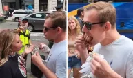 New York'ta bir kişi, vegan aktivistlerin karşısına geçip şiş kebap yedi