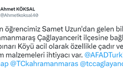 Kahramanmaraş Çağlayancerit ilçesine bağlı Oruçpınarı Köyü'ne acil ihtiyaç