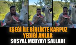 Eşeği ile birlikte karpuz yediği anlar sosyal medyayı salladı