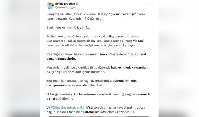 Emine Erdoğan'dan İnsan Hakları Günü Mesajı