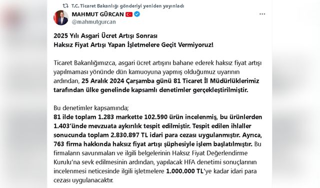 Denetimlerde Haksız Fiyat Artışına 2,8 Milyon Lira Ceza