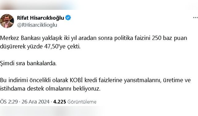 Hisarcıklıoğlu'ndan Bankalara Faiz İndirimi Çağrısı