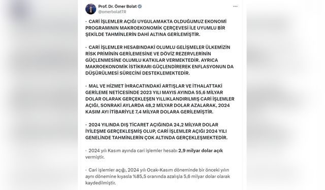 Cari İşlemler Açığında Düşüş: Bakan Bolat Açıklama Yaptı