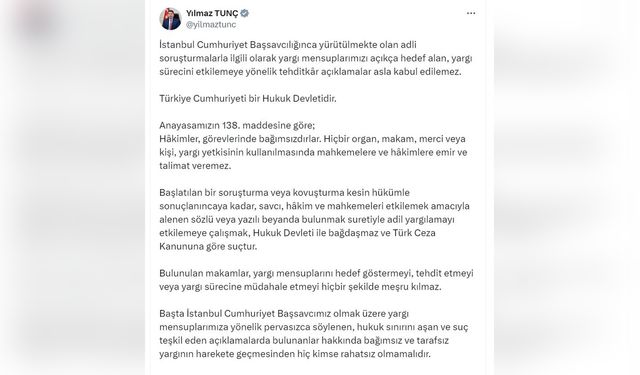 Bakan Tunç'tan Yargıya Destek Mesajı