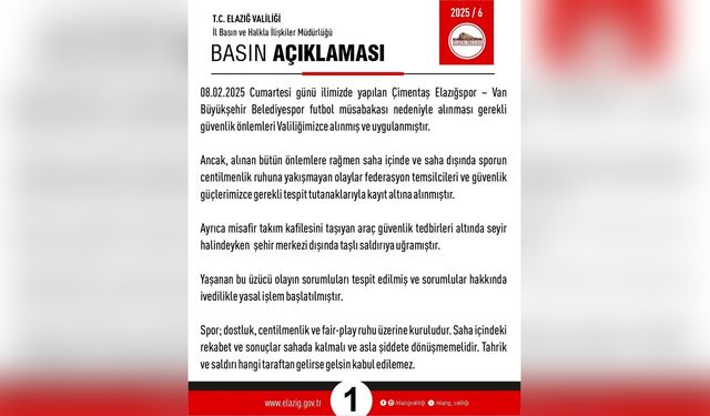 Elazığ Valiliği, Maç Sonrası Açıklamalarda Bulundu