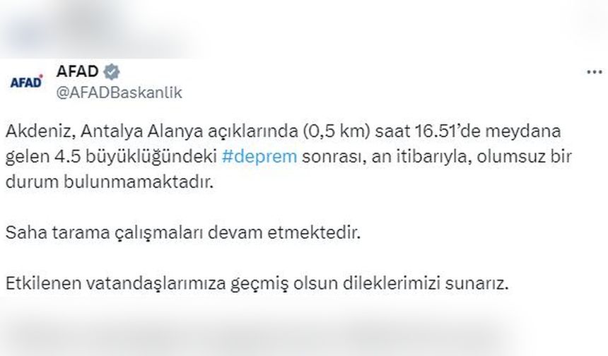 Akdeniz'de 4.5 Büyüklüğünde Deprem Meydana Geldi