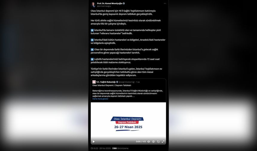 Bakan Memişoğlu İstanbul'da Deprem Tatbikatını Paylaştı